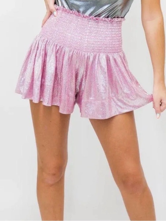QUEEN OF SPARKLES Pants - Queen of Sparkles Glitter High Waist Flutter Shorts PINK SIZE: XS